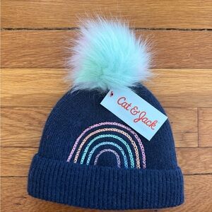 Cat & Jack Navy Beanie with Pastel Rainbow and Mint Pom Pom
